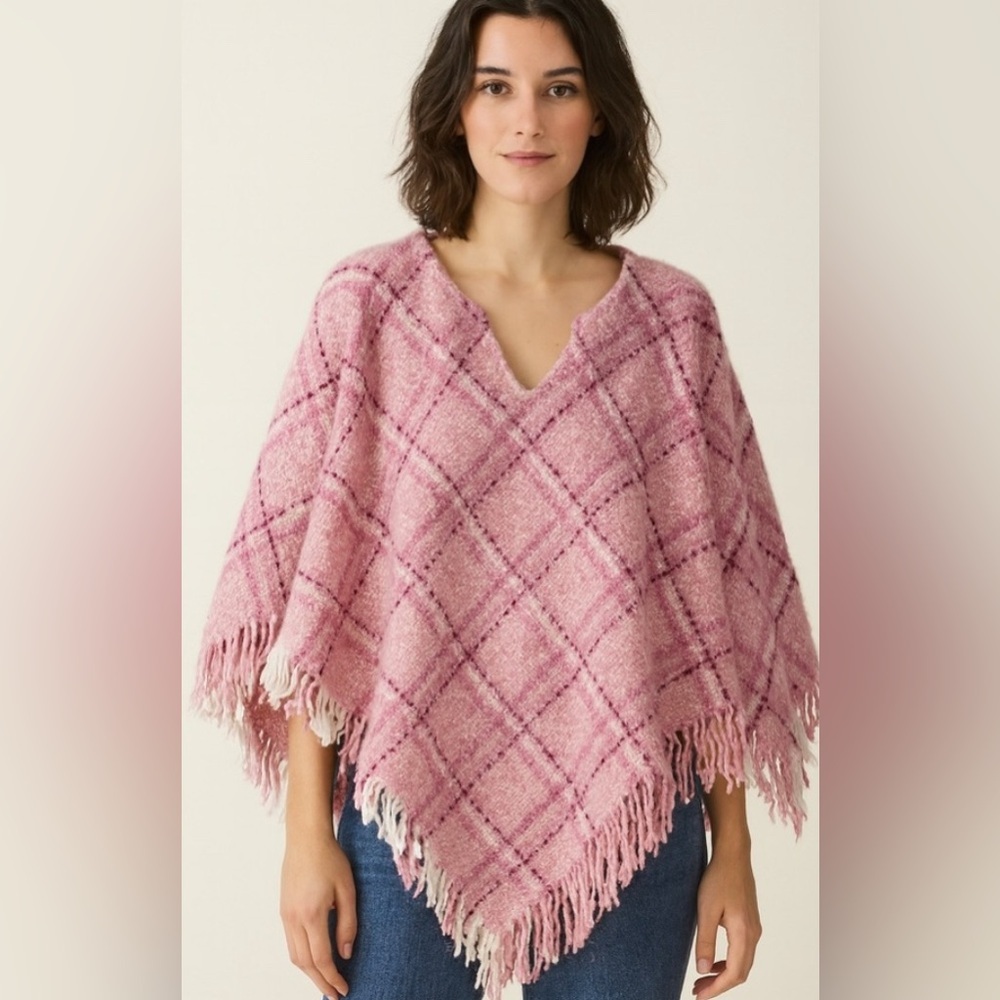 Boyne Valley Weavers Pink Plaid Wool blend Poncho OS